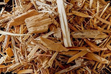 A close-up view of a pile of light brown wood chips and coarse mulch.