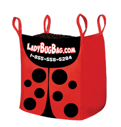 A red, square, bulk storage bag decorated with black ladybug spots, featuring the website LadyBugBag.com and phone number.