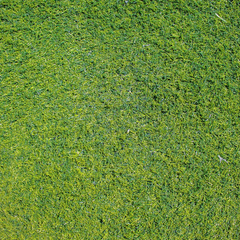 A close-up, top-down view of vibrant green artificial grass or synthetic turf with varying shades of green blades.