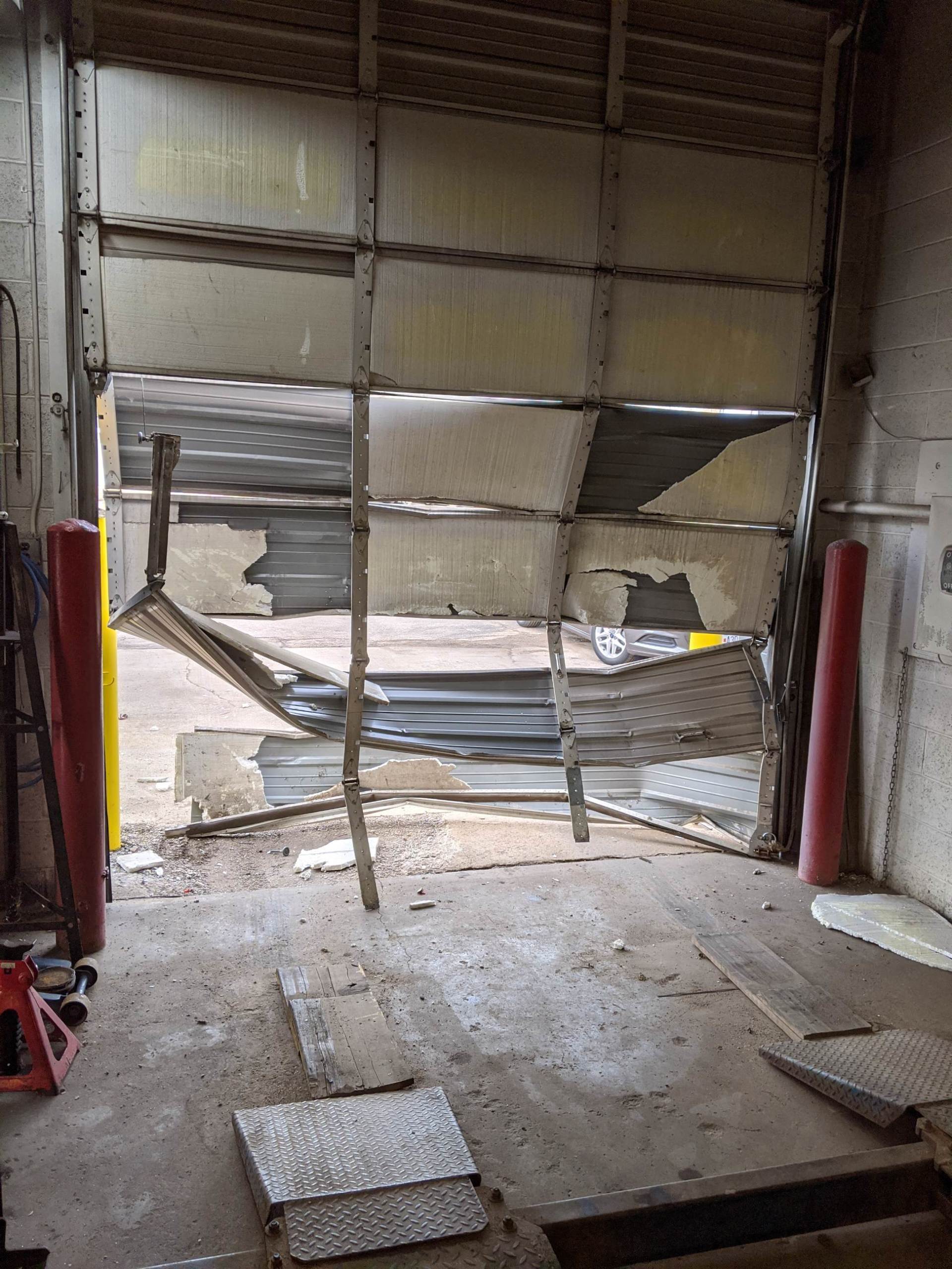 before and after photos of damaged commercial door being replaced with new commercial garage doors