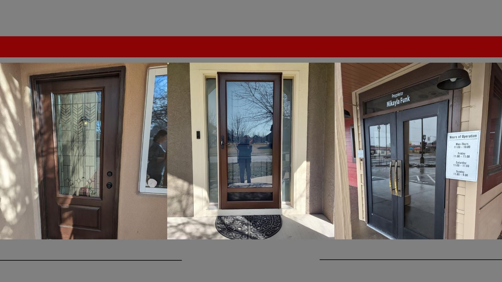 A collage of three pictures of different types of exterior doors.