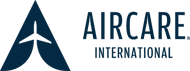 The logo for aircare international is a blue triangle with an airplane on it.