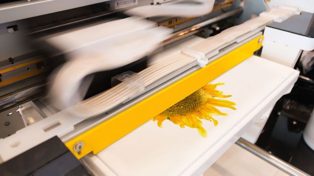 A sunflower design being printed on a white surface by a yellow and white machine.