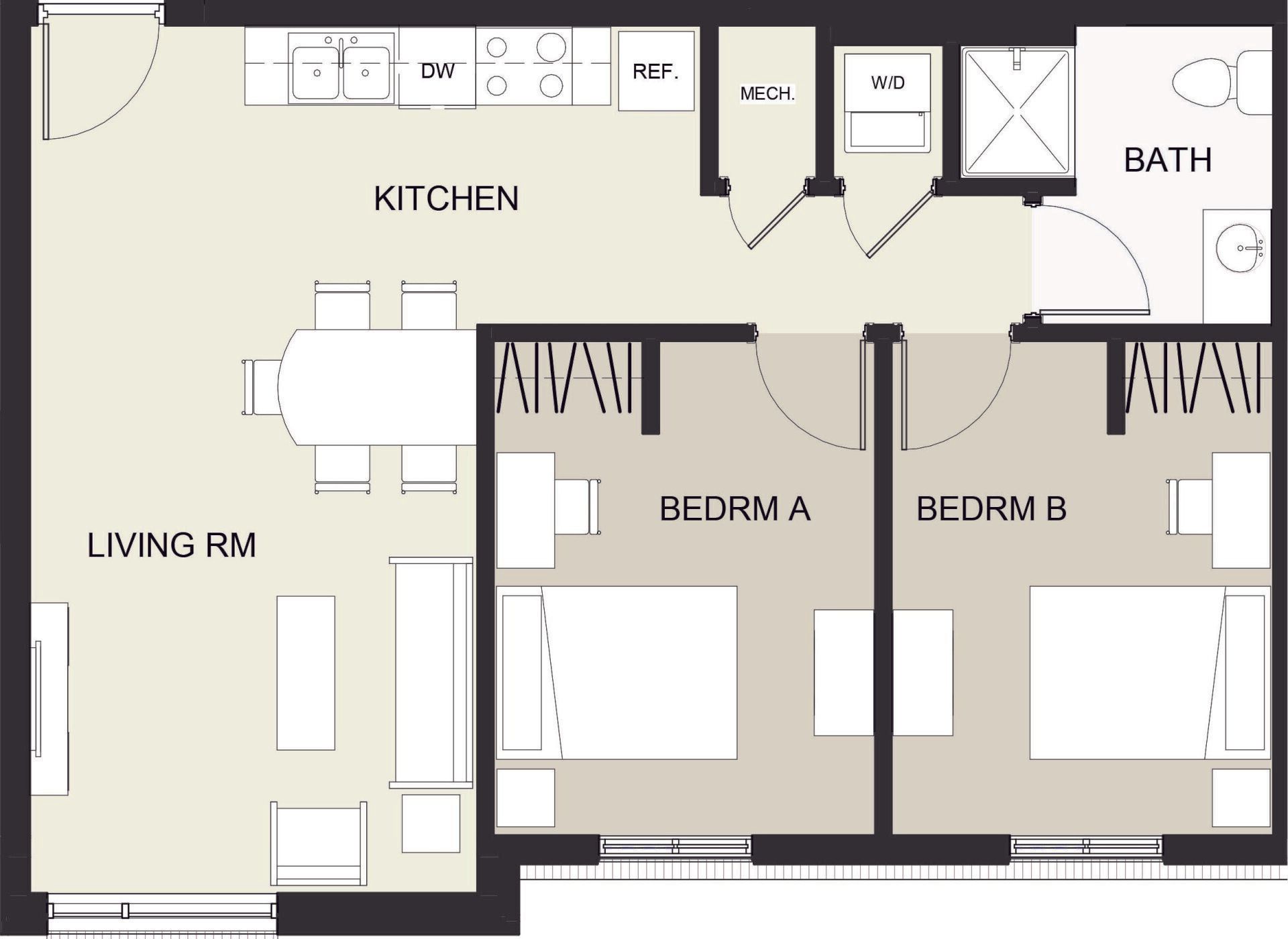 UNIT 2C  2-Beds, 1-Bath