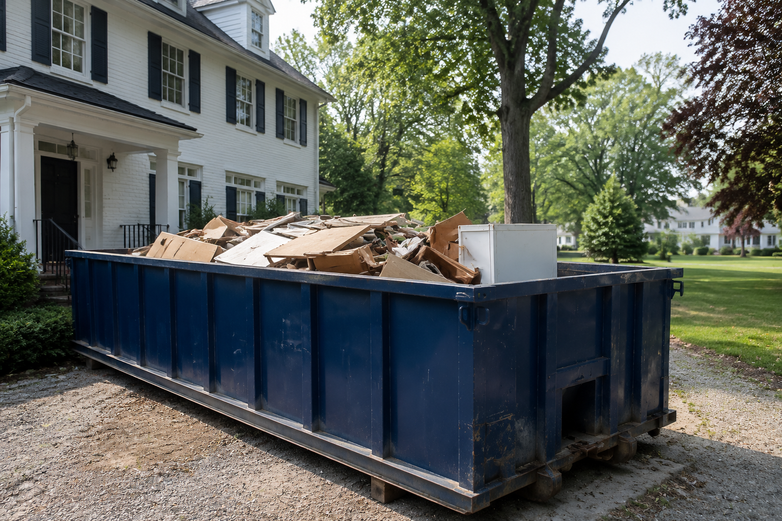 Blue dumpster filled with construction debris beside a white house on a gravel driveway