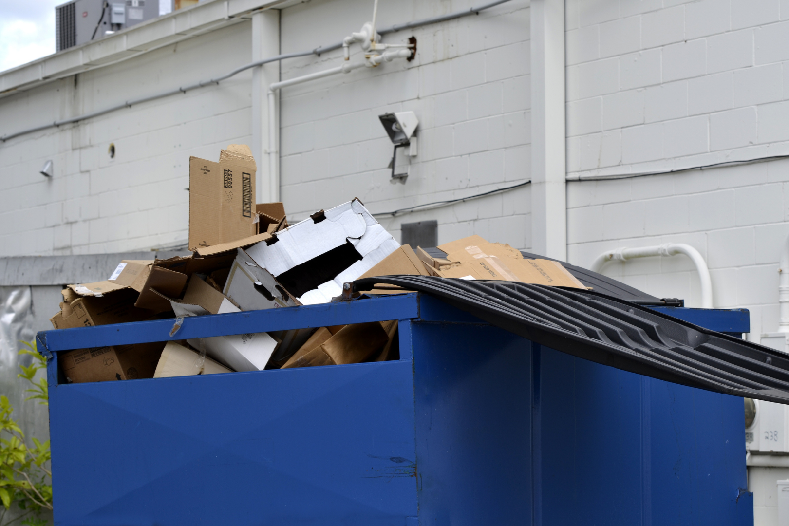 Overflowing blue dumpster with cardboard boxes and scrap against a white wall