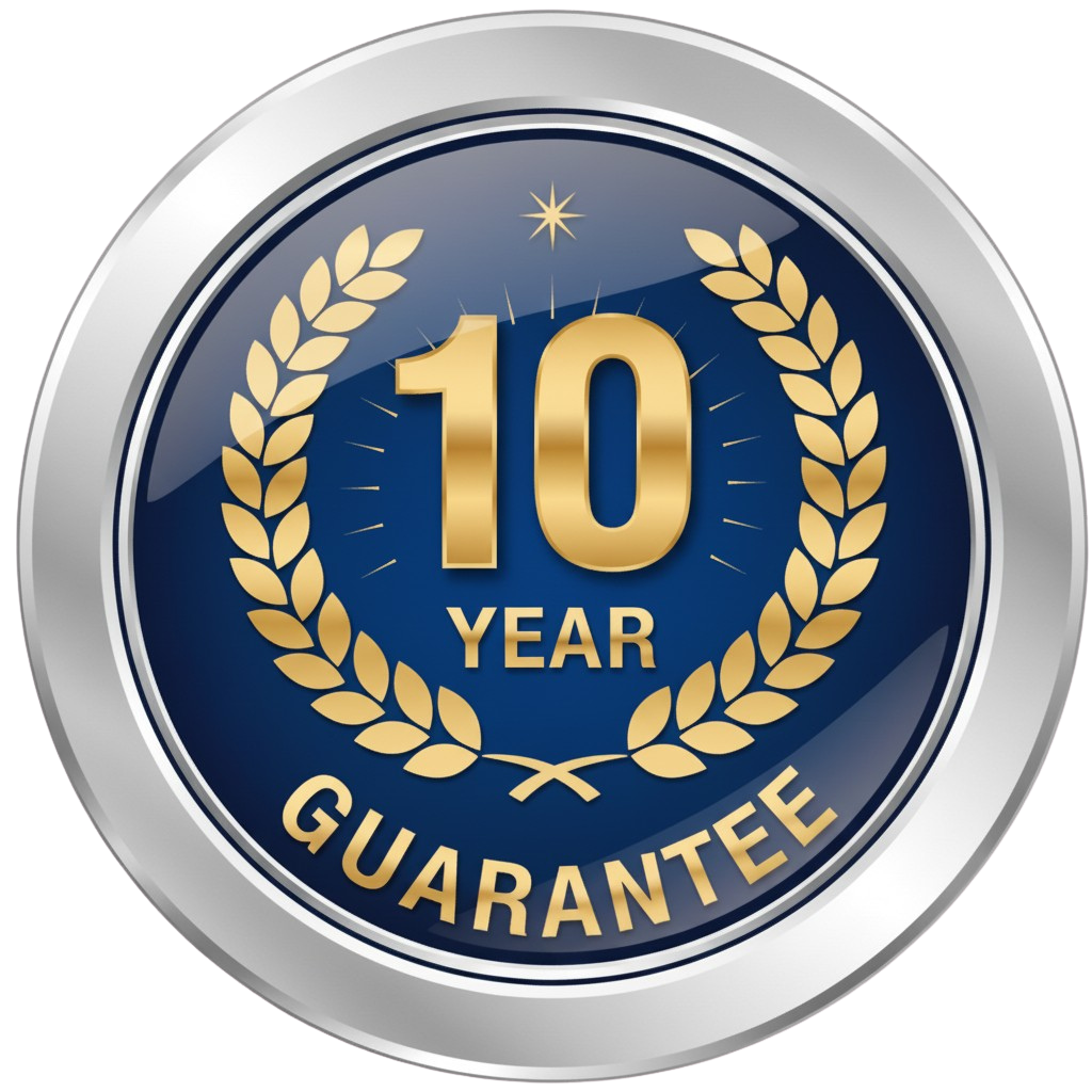 10-year guarantee emblem with gold lettering, laurel wreath, and star on a blue and silver background.