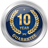 10-year guarantee emblem with gold lettering, laurel wreath, and star on a blue and silver background.