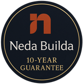 Logo for Neda Builda aftercare support: dark blue circle, orange abstract design, white text, gold border.