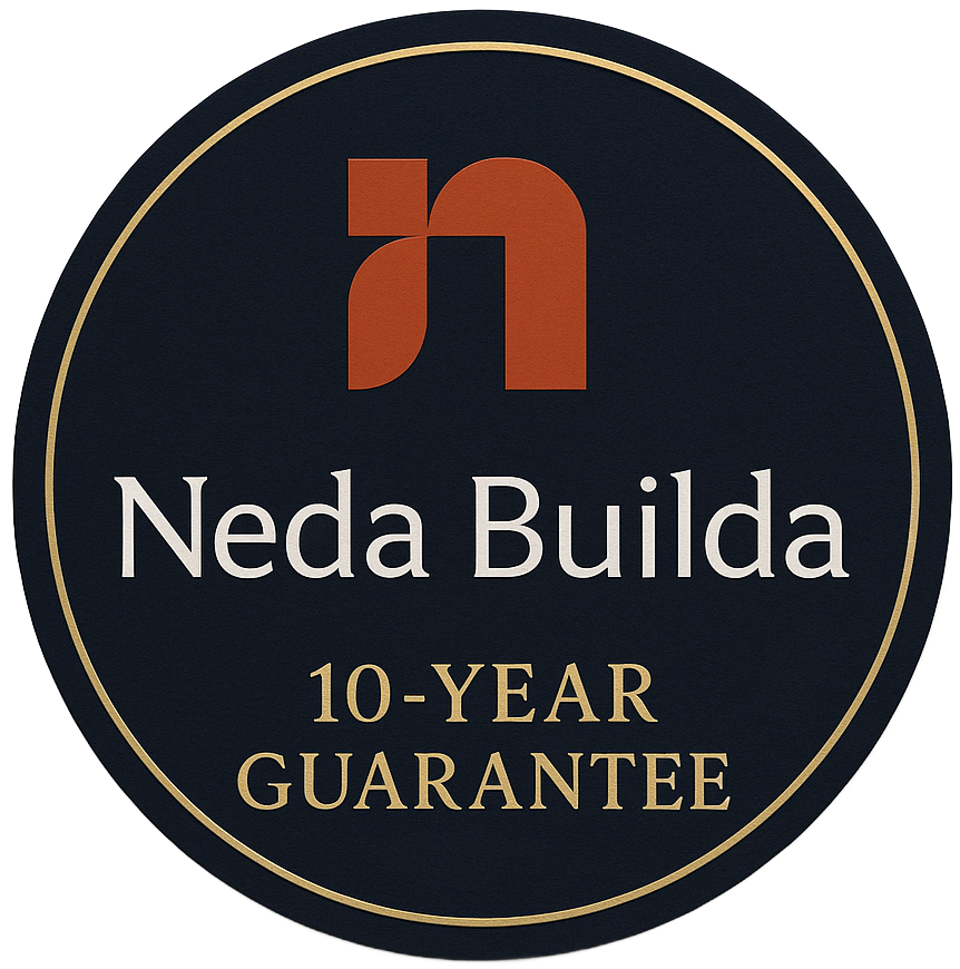 Logo for Neda Builda aftercare support: dark blue circle, orange abstract design, white text, gold border.
