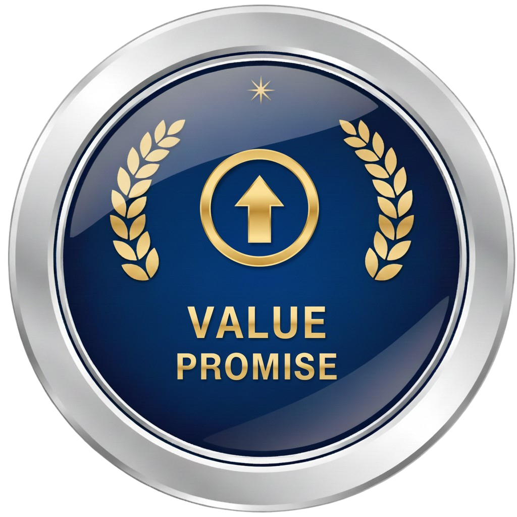 Blue and gold Value Promise emblem with upward arrow and laurel wreaths.