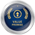Blue and gold Value Promise emblem with upward arrow and laurel wreaths.