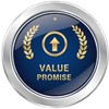 Blue and gold Value Promise emblem with upward arrow and laurel wreaths.