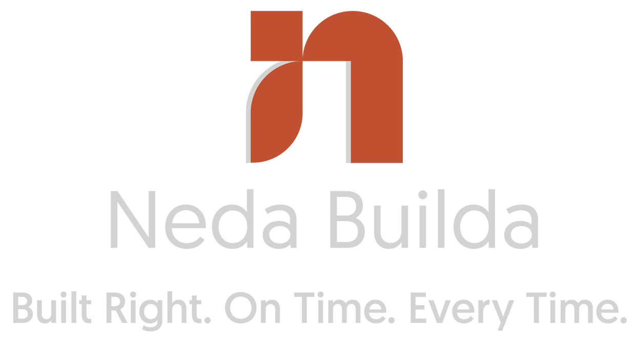 Logo for Neda Builda with a stylized orange 