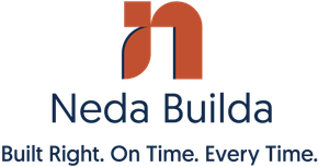 Neda Builda logo with orange and blue text and the tagline “Built Right. On Time. Every Time.”