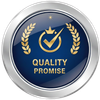 Blue and gold Quality Promise badge: crown, checkmark, laurel wreaths.
