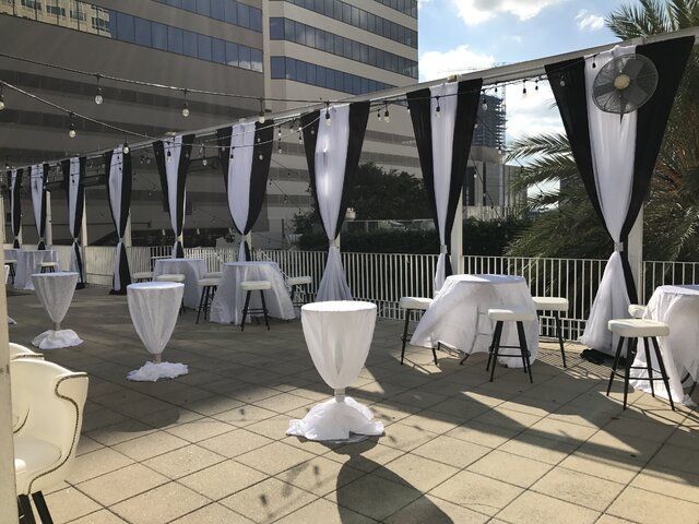 A Patio With Tables and Chairs Set Up for a Party