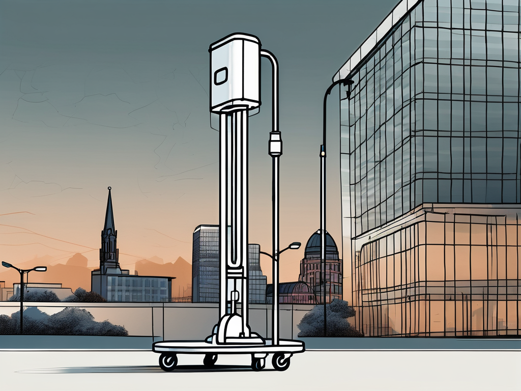 A drawing of a tower on wheels in front of a city skyline