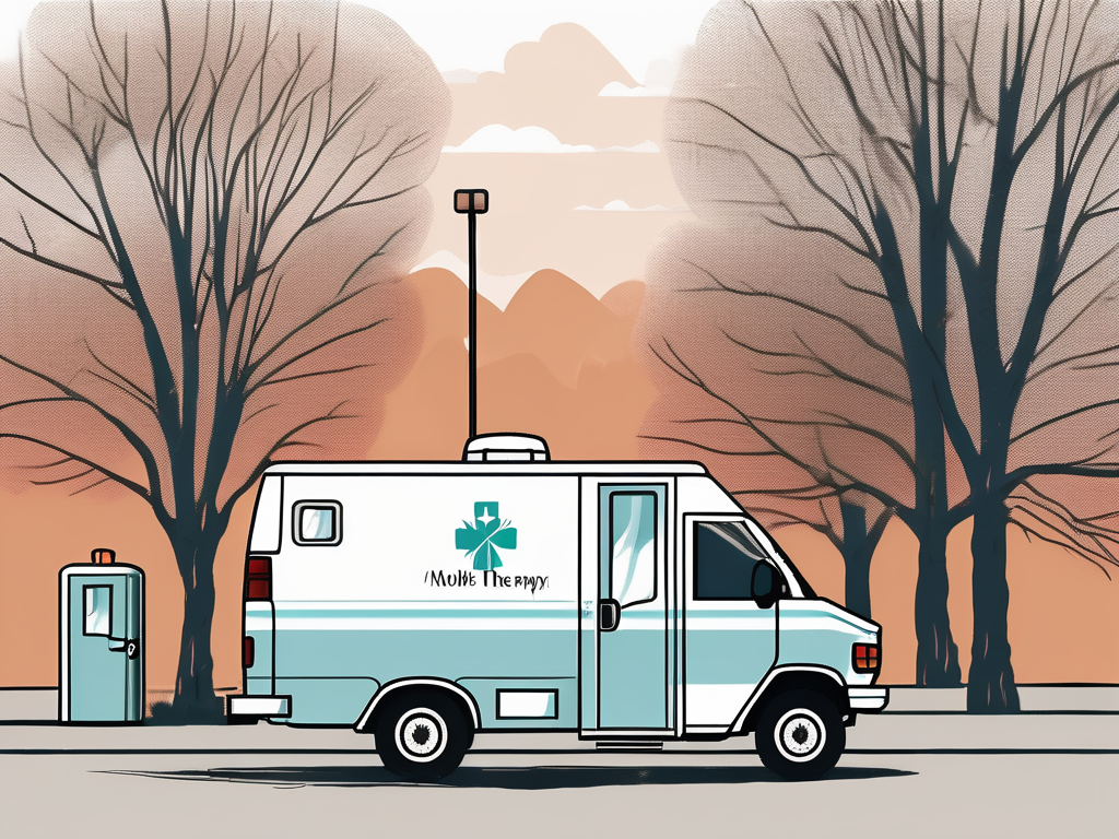 An ambulance is driving down a street with trees in the background.