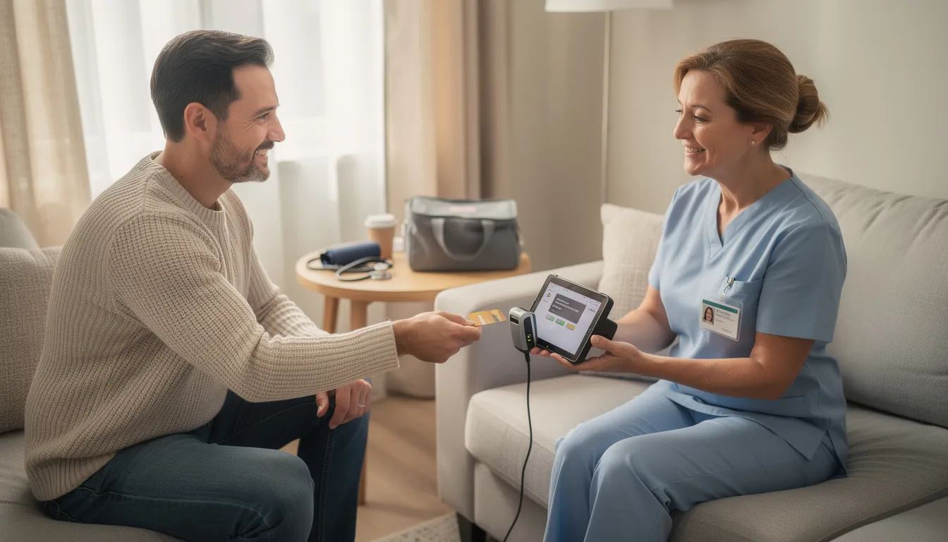 A registered nurse is taking payment from a client after providing mobile IV therapy services during a home visit, highlighting the convenience of receiving IV hydration and essential nutrients in the comfort of one's living room. This seamless process allows for immediate hydration and wellness support tailored to the client's health needs.