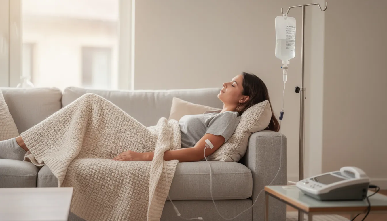 A person is comfortably relaxing on a living room couch, wrapped in a blanket while receiving an IV infusion, highlighting the convenience of mobile IV therapy services for hydration and wellness support. The scene emphasizes the ease of receiving essential nutrients directly at home for an energy boost and overall health.