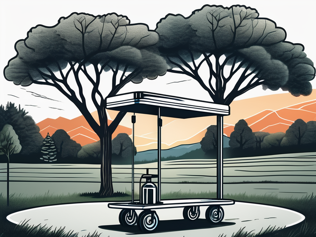 A drawing of a cart in a field with trees in the background.