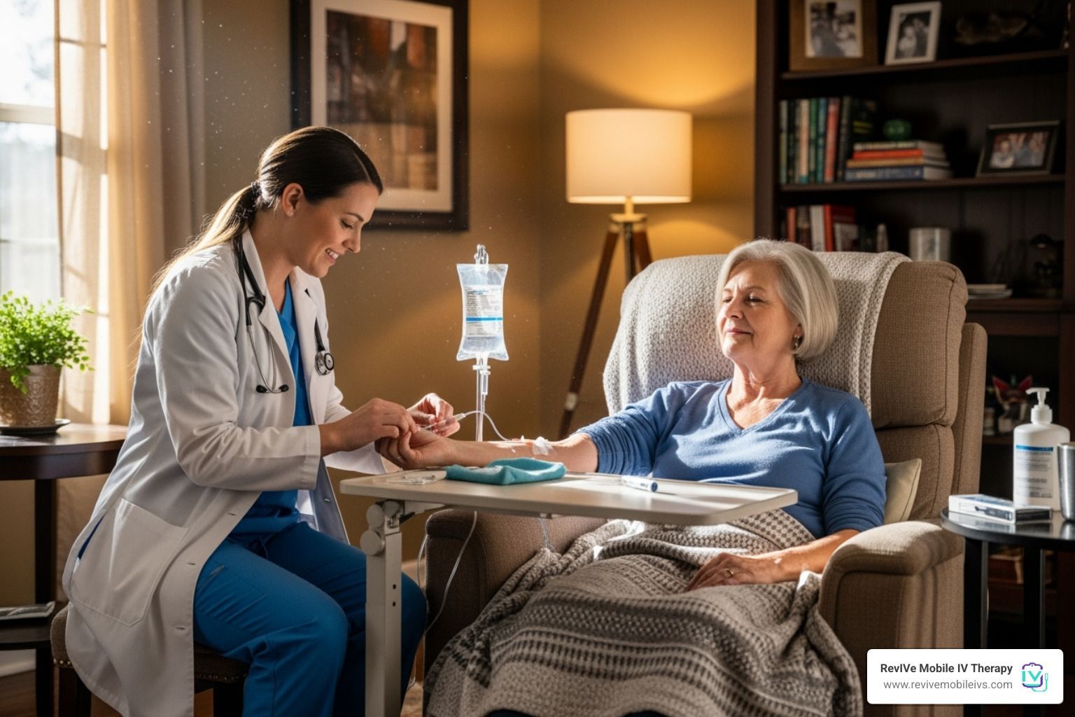 A compassionate nurse administering an IV to a relaxed patient in a comfortable home setting - home 