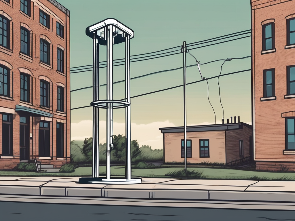 A cartoon drawing of a telephone booth in front of a brick building