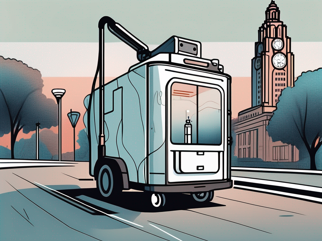 A cartoon illustration of a food truck driving down a city street.