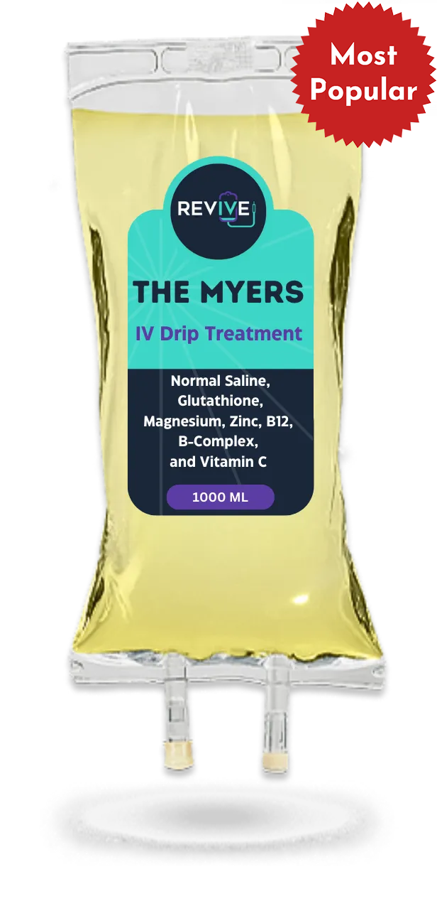 IV drip bag labeled "The Myers IV Drip Treatment" with ingredients listed.