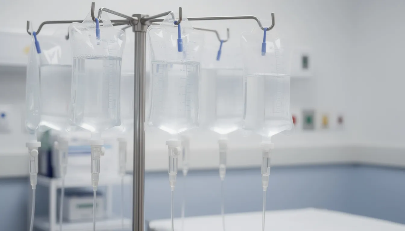 The image shows clear IV fluid bags suspended from a medical stand, typically used in IV hydration therapy to deliver essential nutrients and fluids directly into the bloodstream. This setup is often part of mobile IV therapy services, providing convenient access to hydration and wellness support for various health conditions.