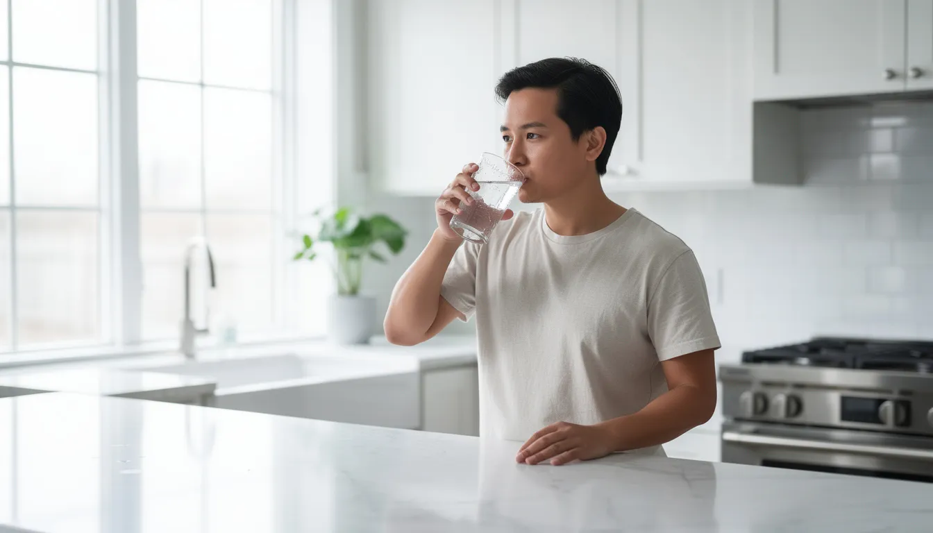 A person is enjoying a glass of water in a bright, airy kitchen, emphasizing the importance of proper hydration for optimal health. This scene highlights the benefits of staying hydrated, which is essential for maintaining wellness and supporting various bodily functions.