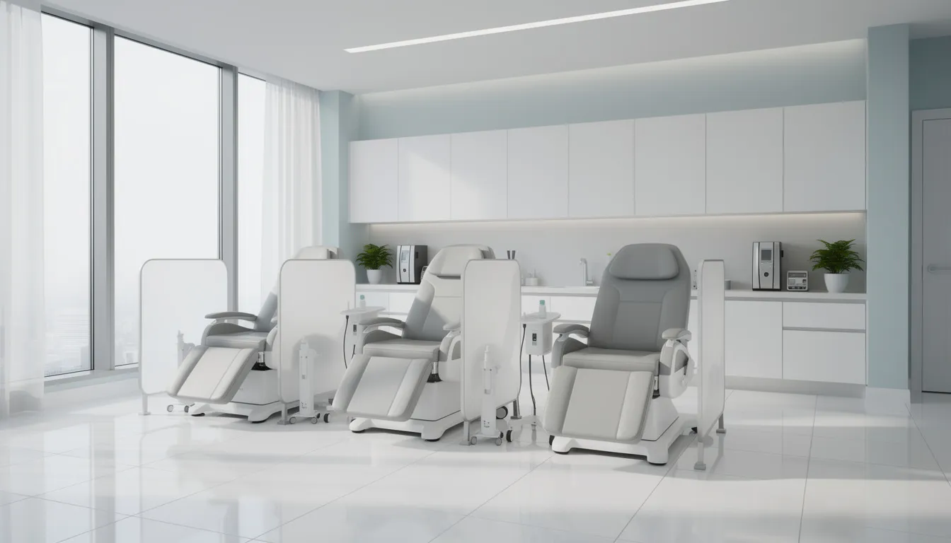 The image depicts a clean and modern medical clinic interior featuring comfortable treatment chairs, designed for patients receiving IV vitamin therapy. This inviting space emphasizes wellness and optimal health, suitable for various intravenous nutrient therapies aimed at enhancing energy levels and reducing fatigue.