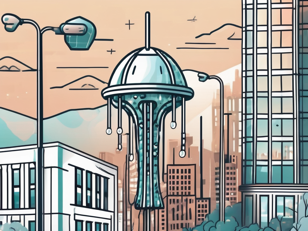 A pixel art drawing of a city skyline with a futuristic tower in the middle.