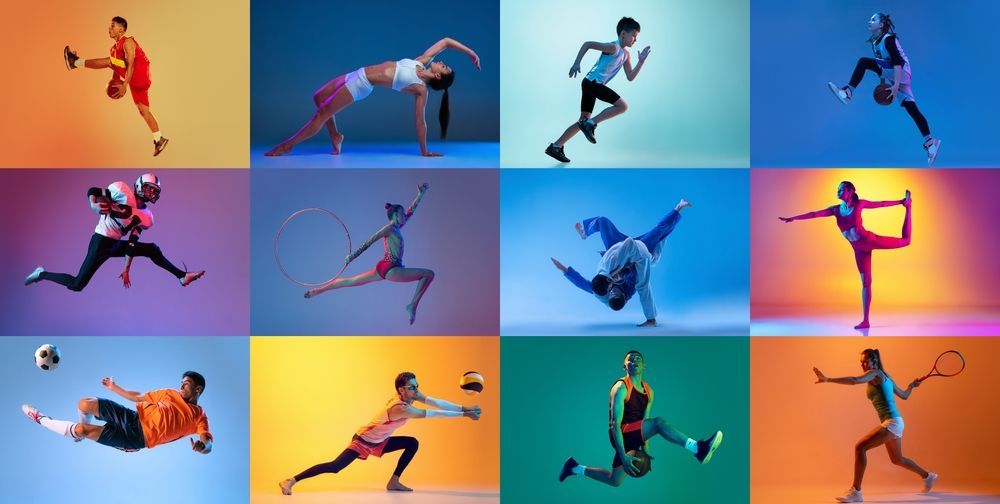 A collage of images of people doing different sports on a colorful background.