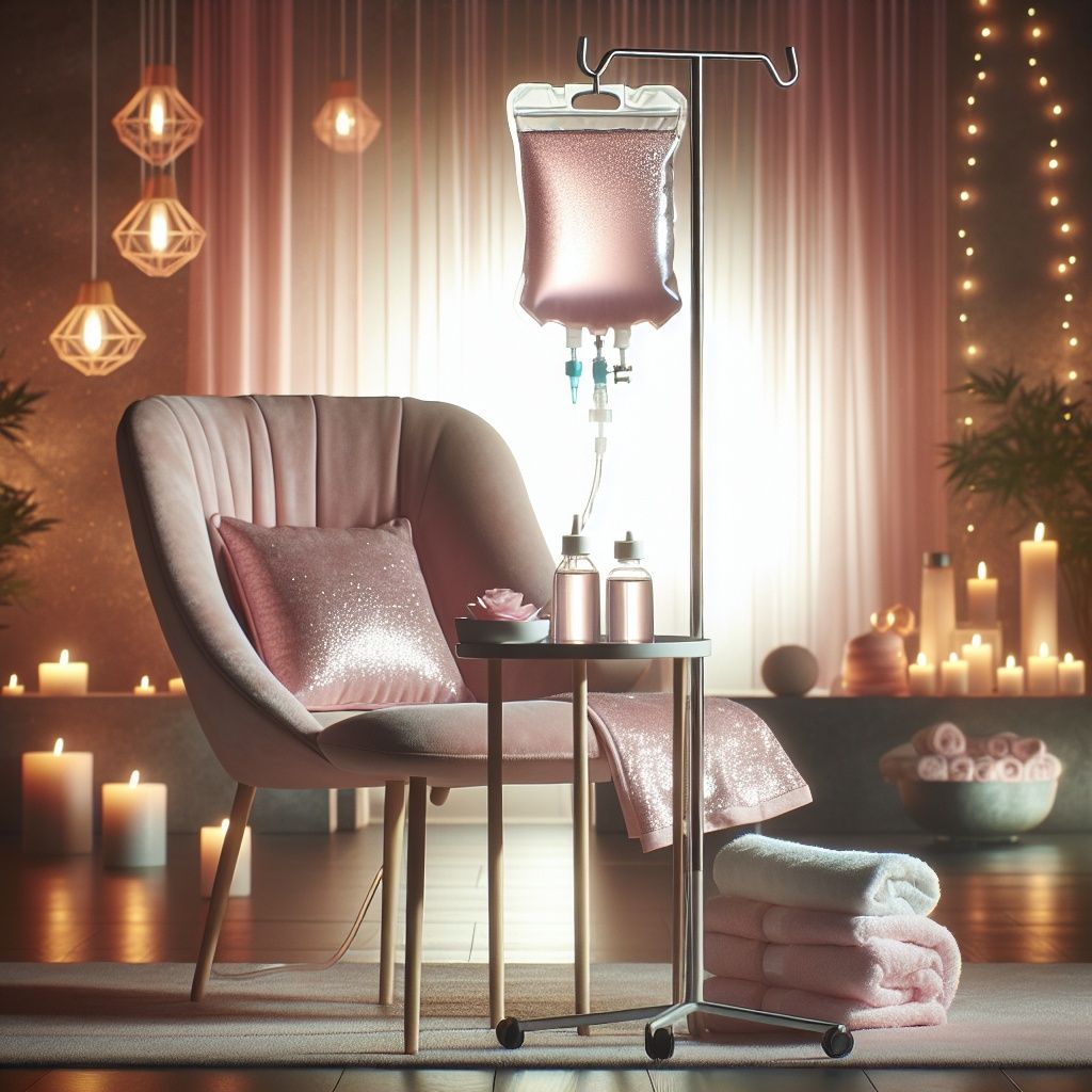 A chair with a bag of liquid hanging from it in a room with candles.