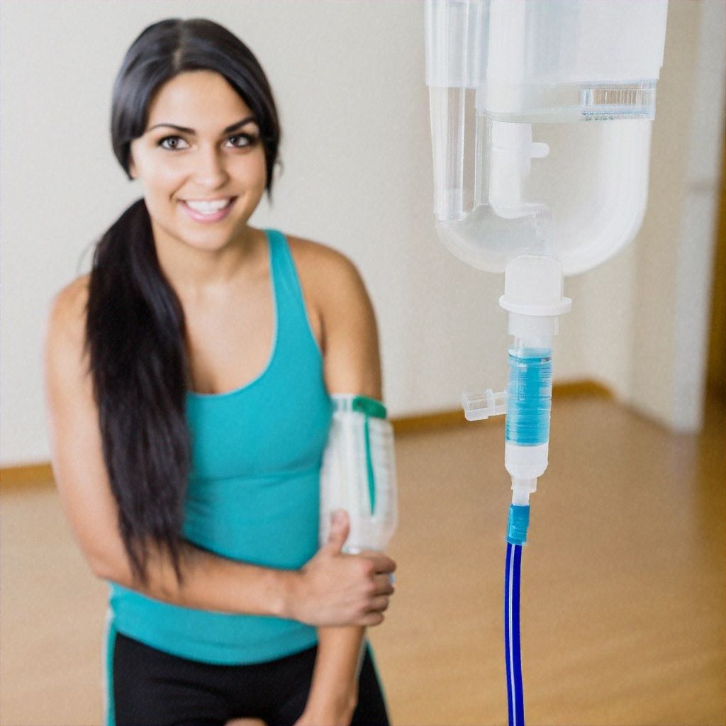 A woman in a blue tank top is smiling in front of an iv drip