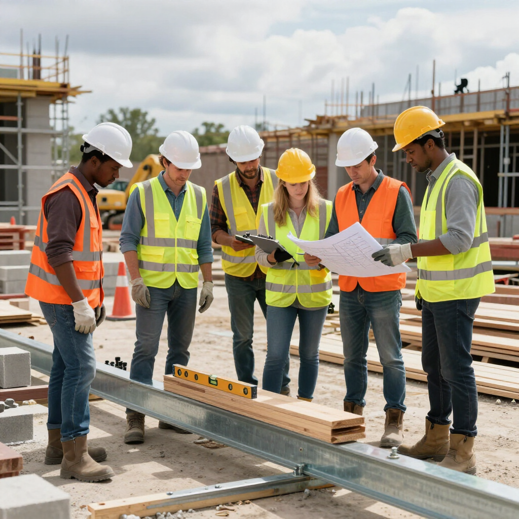 Trabajadores de la construcción con chalecos de seguridad y cascos revisando planos en un sitio de construcción.
