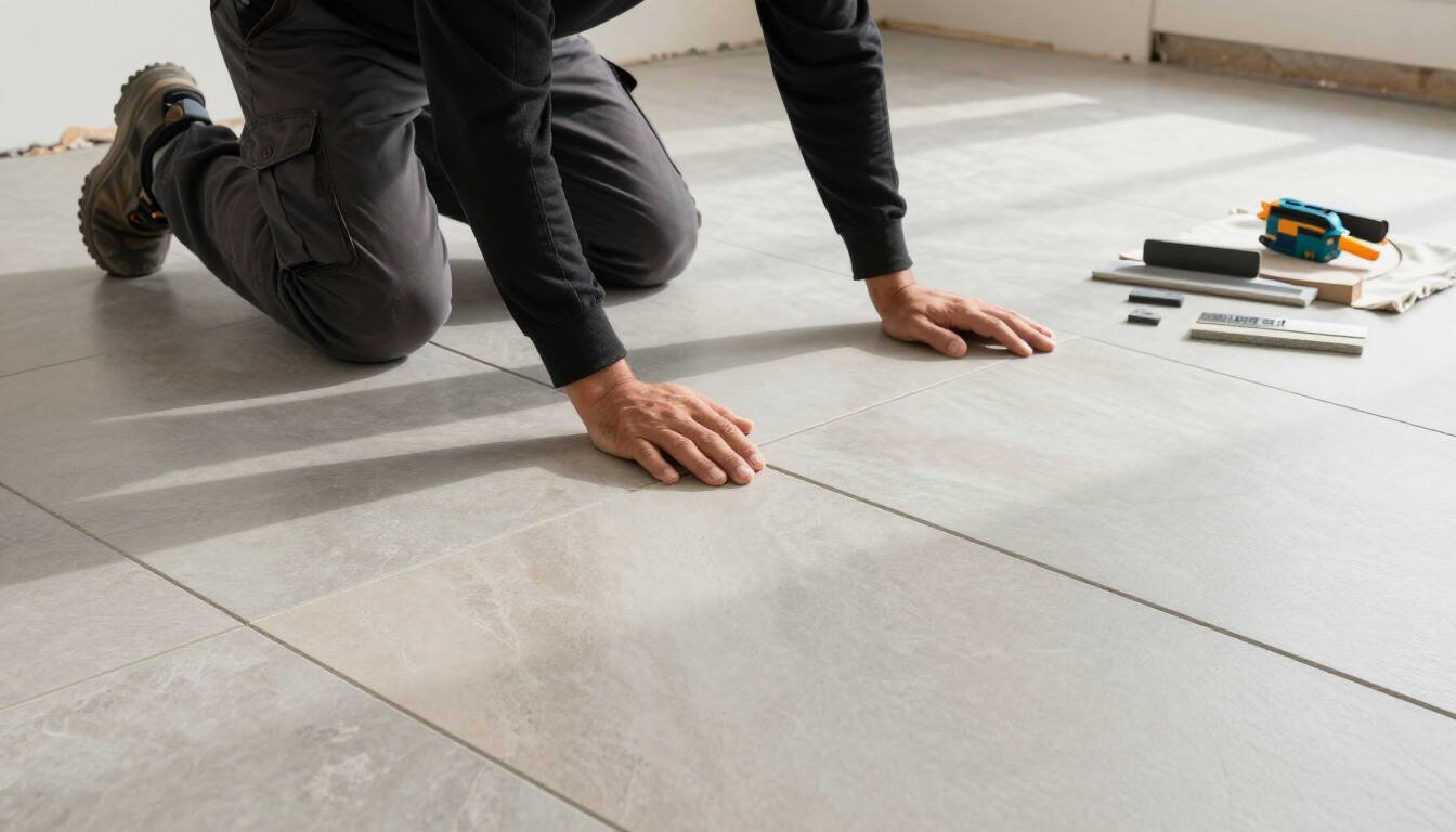 Persona arrodillada en el suelo, con las manos sobre el suelo nuevo. Herramientas y piezas cortadas cerca.