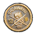 A gold coin with a fist and crossed swords on it.
