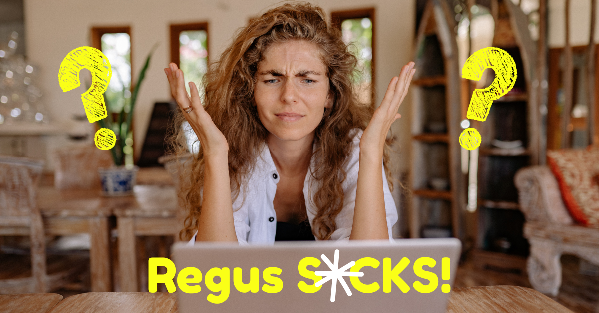 a lady with her hands up in the air looking confused at regus' policies 