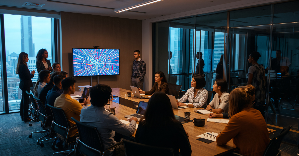 Team holding an offsite planning meeting in a modern conference room