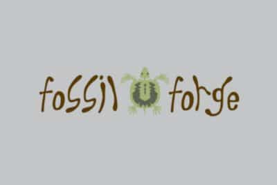 A logo for fossil forge with a turtle on it.