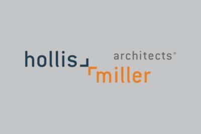 A logo for hollis architects miller on a gray background.