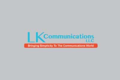 The logo for lk communications llc is blue and orange on a gray background.
