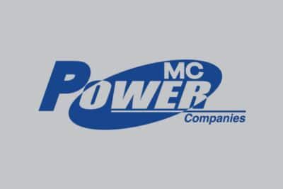 The logo for mc power companies is blue and white on a gray background.