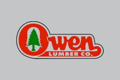 A red and white logo for owen lumber co.