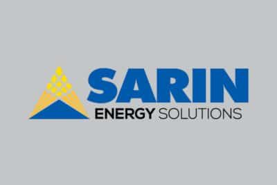 The logo for sarin energy solutions is blue and yellow on a gray background.