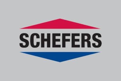 A red , white and blue logo for schefers on a gray background.