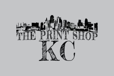 A black and white logo for the print shop kc